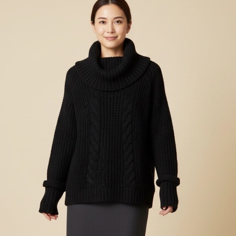 Ivanka Trump Black Chunky Cable Knit Cowl Neck Longline Oversized Sweater L Cozy
